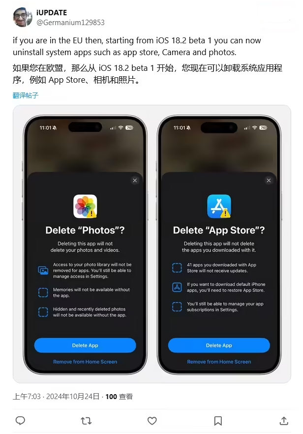 城口苹果手机维修分享iOS 18.2 支持删除 App Store 应用商店 