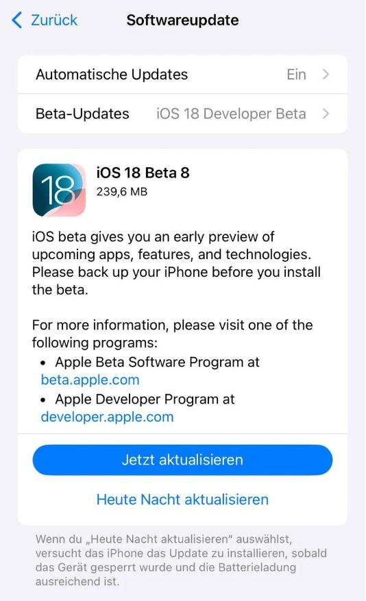 城口苹果手机维修分享苹果 iOS / iPadOS 18 开发者预览版 Beta 8 发布 